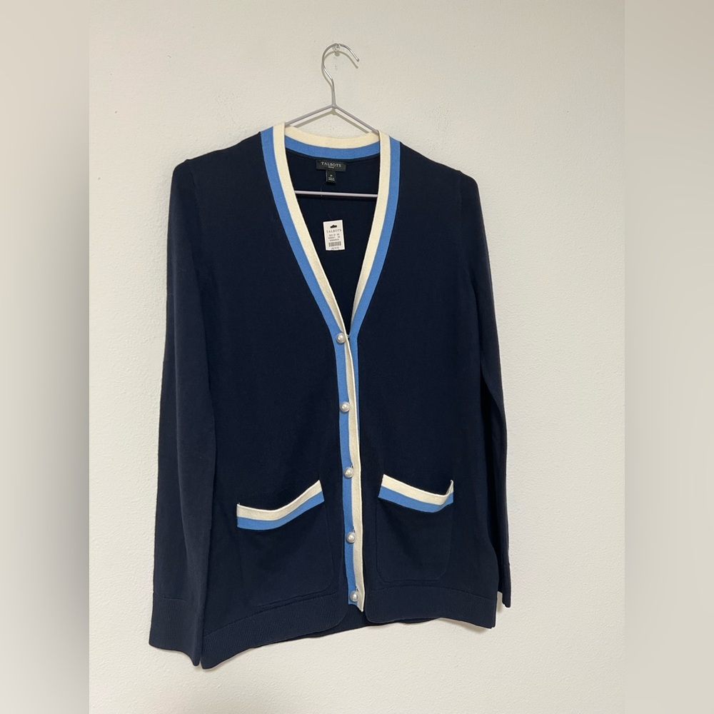 Talbots Navy Blue Soft Tipped Nautical Preppy Pearl Button Cardigan - Picture 4 of 9